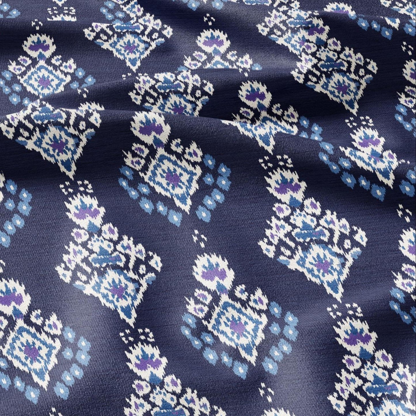100% LINEN Fabric Ikat navy blue print - Modern vintage floral for upholstery dressmaking curtains home textile 2977