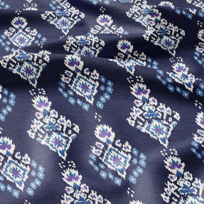 100% LINEN Fabric Ikat navy blue print - Modern vintage floral for upholstery dressmaking curtains home textile 2977