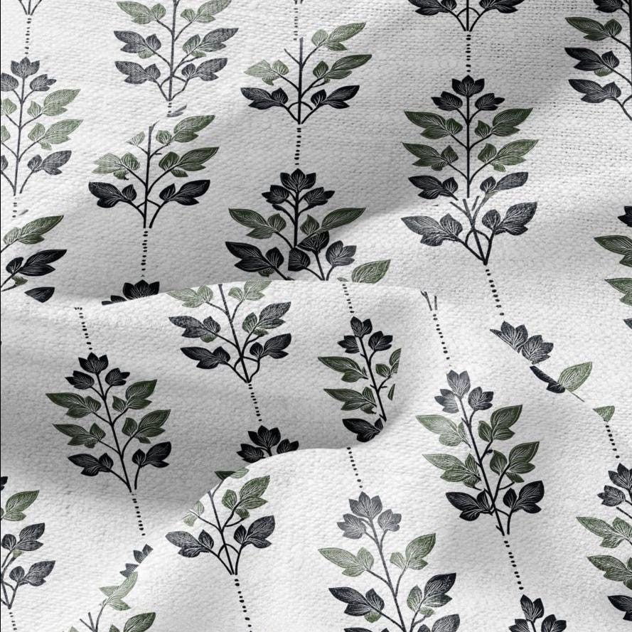 100% LINEN Fabric Leaves stripe print - Mid-century modern botanical stripe upholstery home textile artisan green white 2743