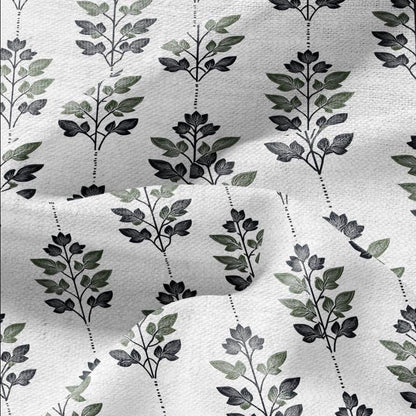 100% LINEN Fabric Leaves stripe print - Mid-century modern botanical stripe upholstery home textile artisan green white 2743