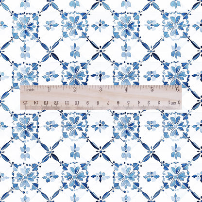 100% LINEN Fabric block print indigo blue white Swedish tile - scandinavian fabric with floral print - block print on linen