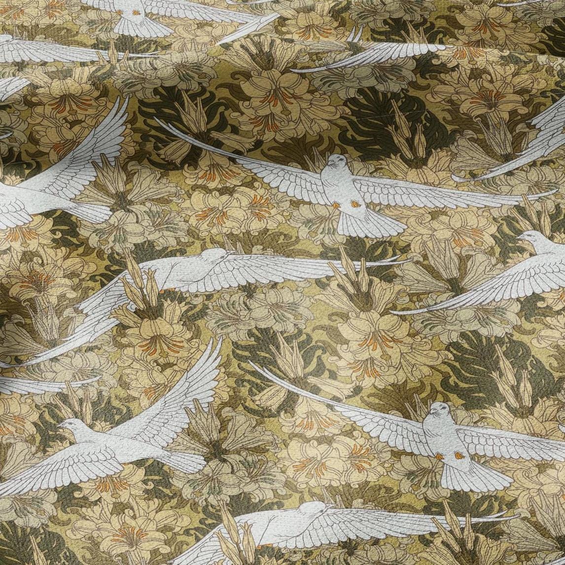 100% linen Art Nouveau Print fabric for Curtain Upholstery Cushion - Floral fabric DOVES - fabric material for dress making sewing