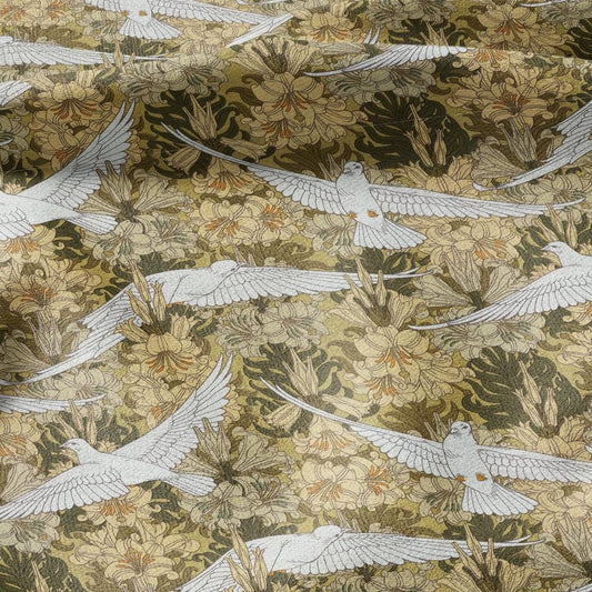 100% linen Art Nouveau Print fabric for Curtain Upholstery Cushion - Floral fabric DOVES - fabric material for dress making sewing