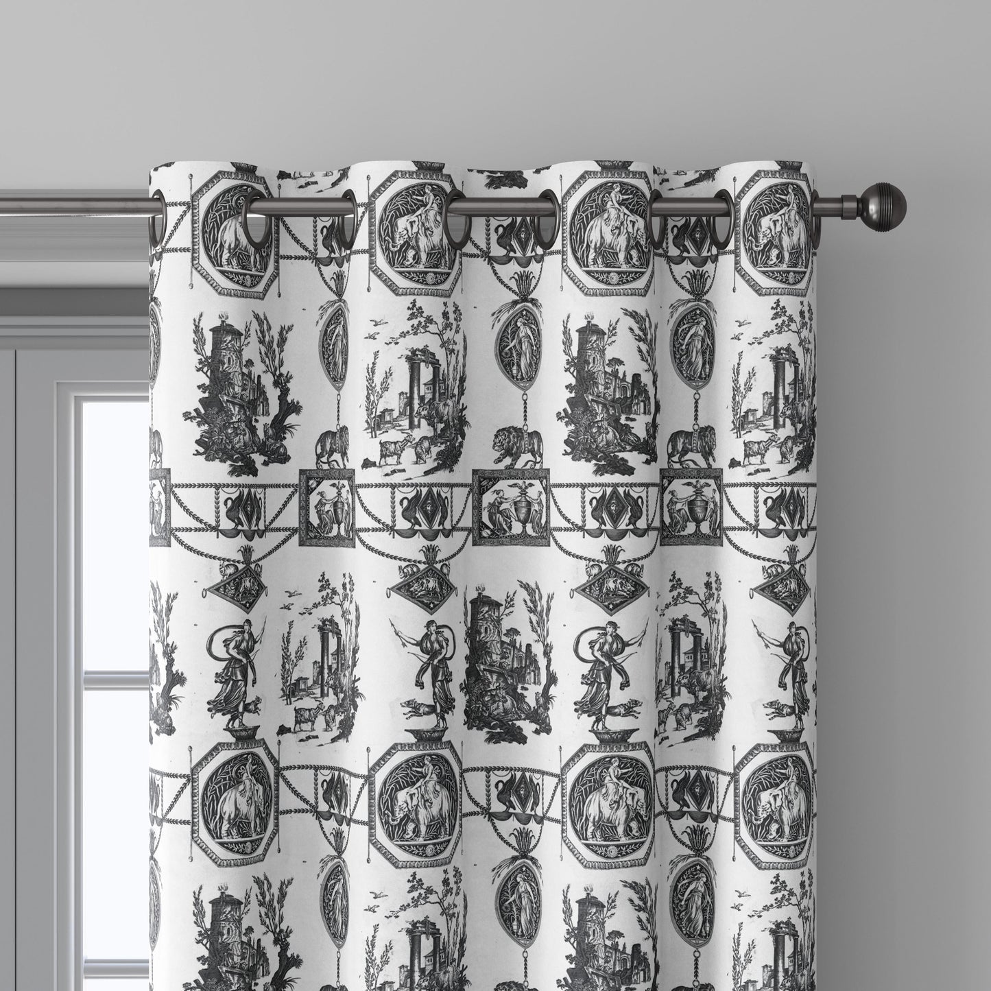 100% LINEN Fabric french black white print - Goddess Diana with Lion - toile de jouy - Diane chasseresse by Jean-Baptiste Huet 3420
