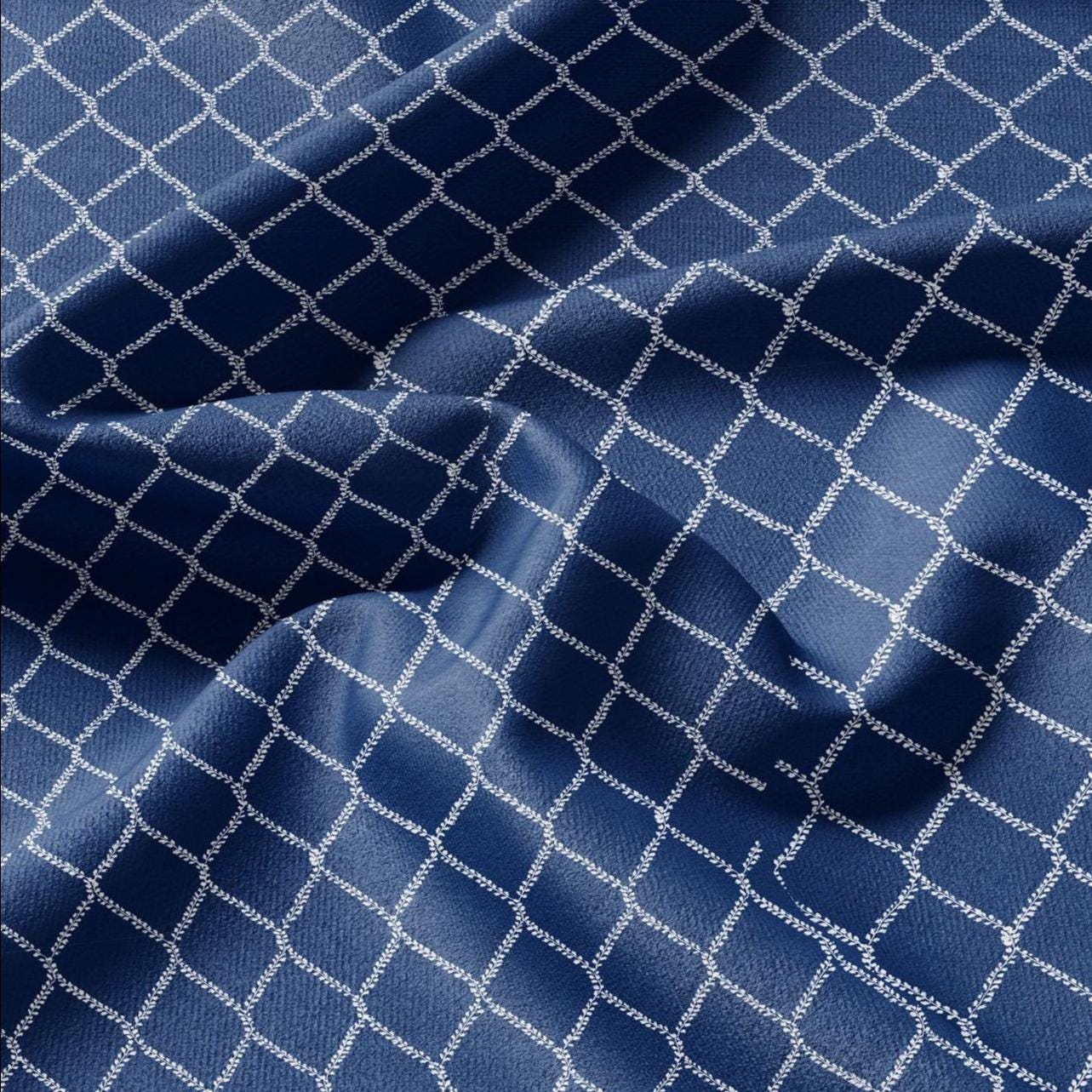 100% LINEN Fabric Herritage trellis print - Grandmillennial Modern vintage blue - upholstery curtains dress making 2951