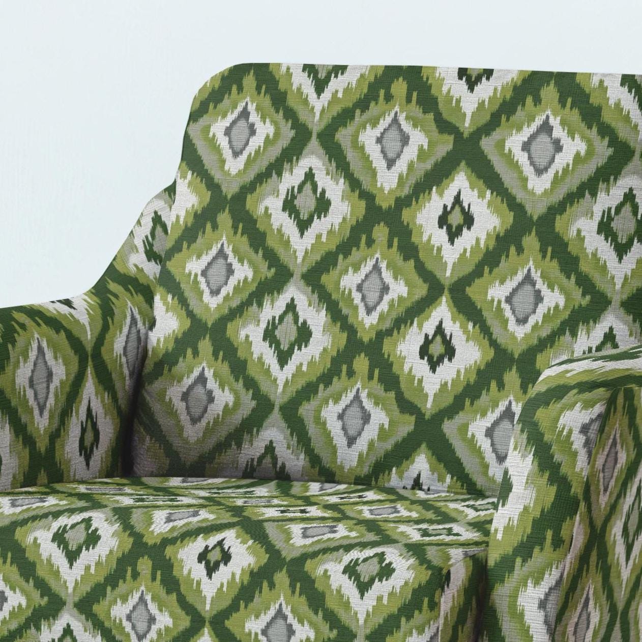 100% LINEN Fabric UPHOLSTERY 12oz - Green checks ikat print on linen 2968