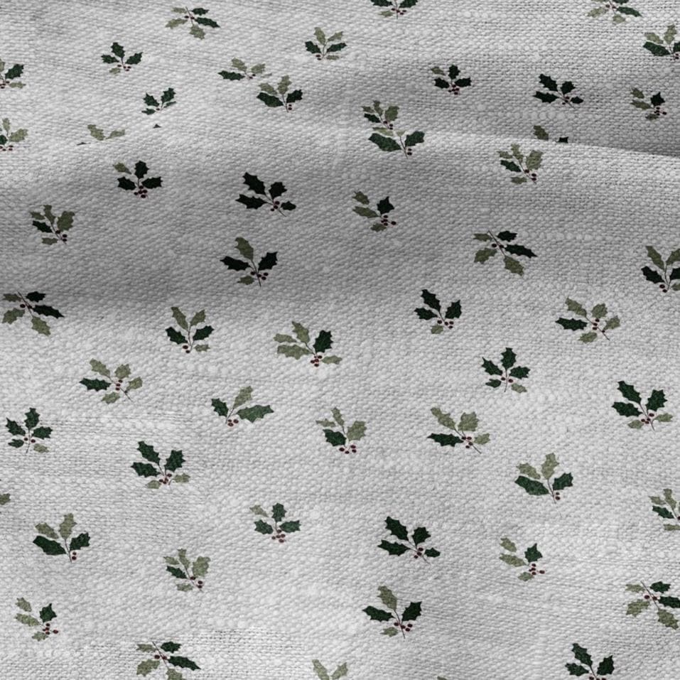 100% LINEN Fabric Green leaves on grey - oatmeal linen fabric with botanical print for upholstery home decor 3094