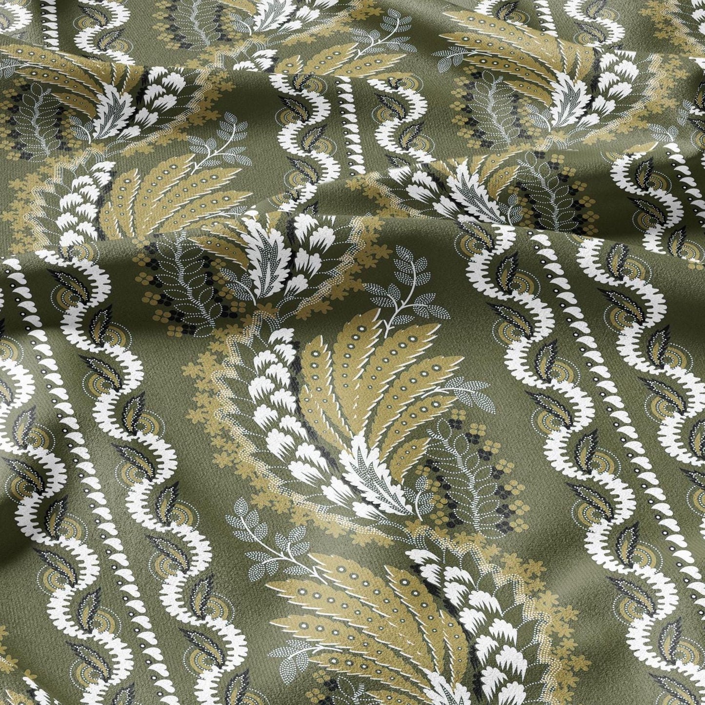 100% LINEN Fabric Vintage floral squilr stripe print - Modern botanical - Victorian Art Craft yellow green 3160