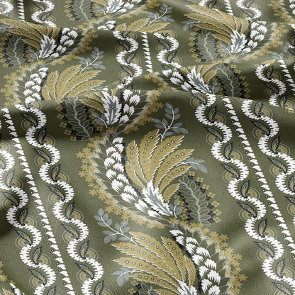100% LINEN Fabric Vintage floral squilr stripe print - Modern botanical - Victorian Art Craft yellow green 3160