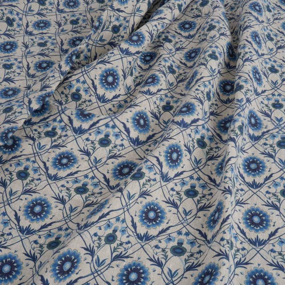 100% LINEN Fabric block print - linen with blue floral print on oatmeal - heavy linen fabric for light upholstery home decor sewing 2324