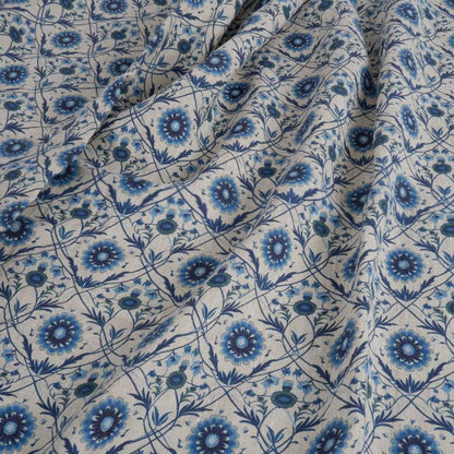 100% LINEN Fabric block print - linen with blue floral print on oatmeal - heavy linen fabric for light upholstery home decor sewing 2324