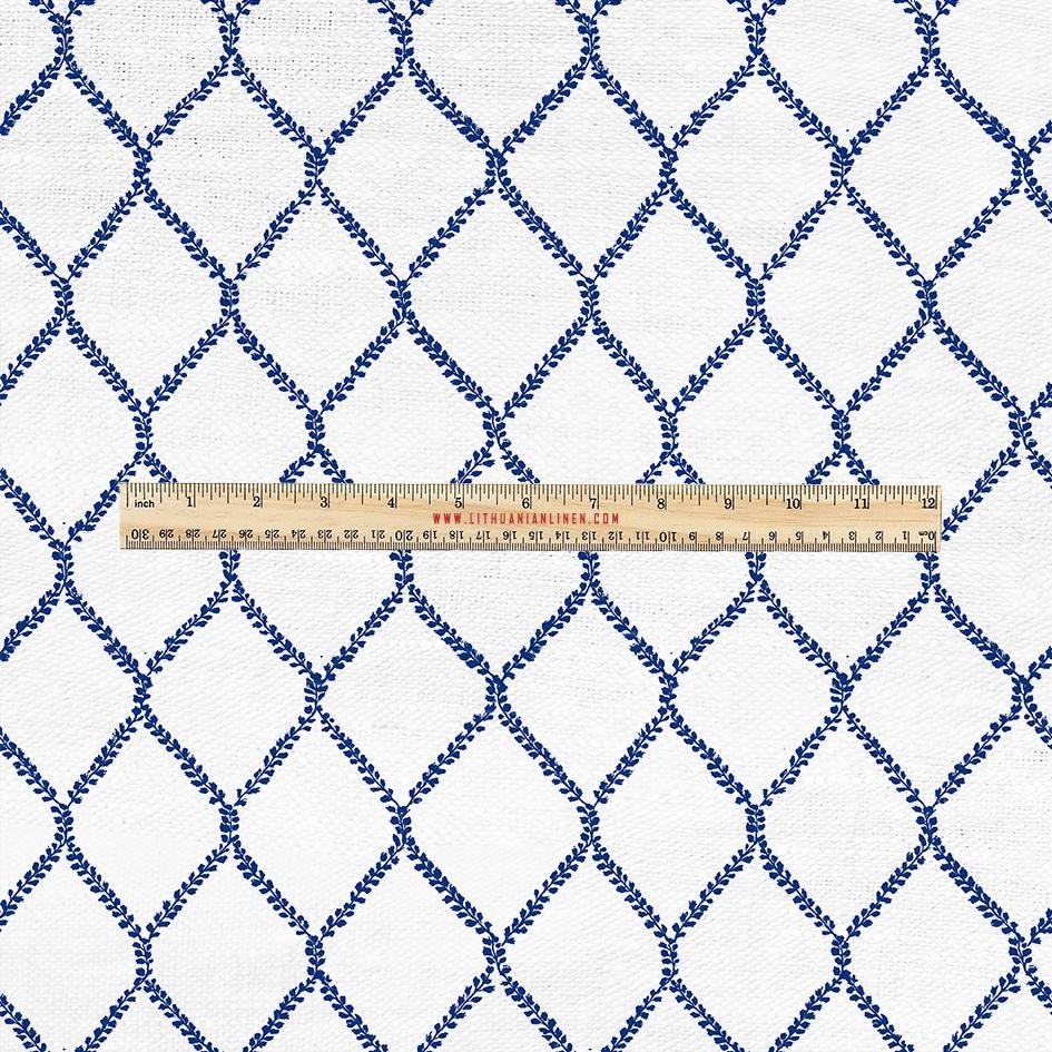100% LINEN Fabric UPHOLSTERY 12oz - Grandmillenniar on linen - Modern vintage Victorian blue trellis upholstery 2949