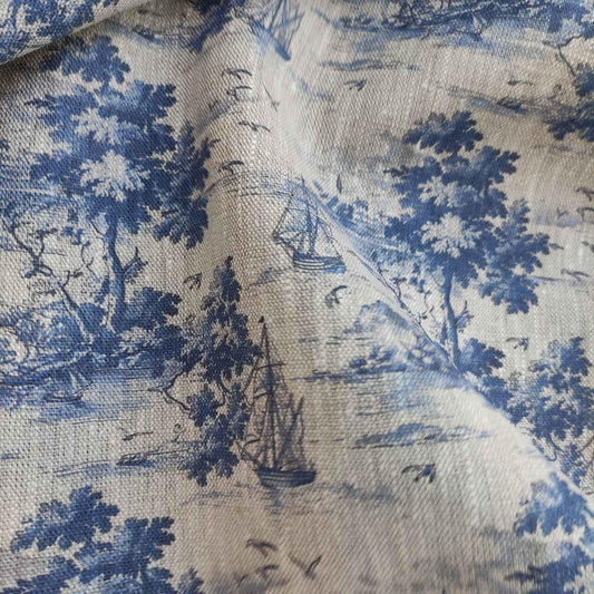 100% LINEN Fabric Toile de Jouy with ship and island print, oatmeal natur linen  with blue indigo coastal print, linen fabric home decor