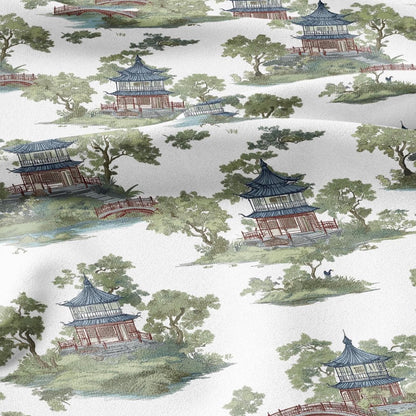 100% LINEN Fabric oriental print with pagoda - linen fabric with botanical print -  heavy linen fabric for upholstery home decor 2876