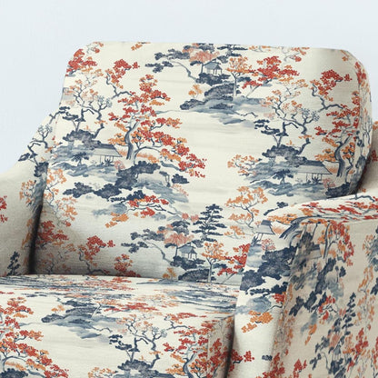100% LINEN Fabric UPHOLSTERY 12oz - Autumn in Japan print on linen - Oriental scenery landscape - floral upholstery 357