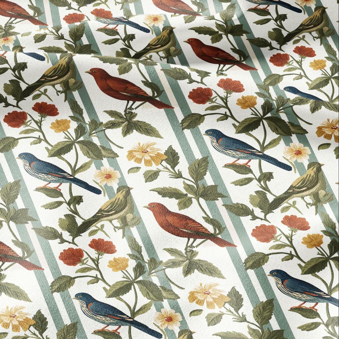 100% LINEN Fabric Birds on fence print - botanical stripe upholstery home textile artisan fabrics red blue green white 2745