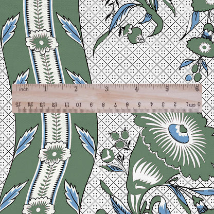 100% LINEN Fabric Vintage floral squilr stripe print - Modern botanical - Victorian Art Craft yellow green 3166