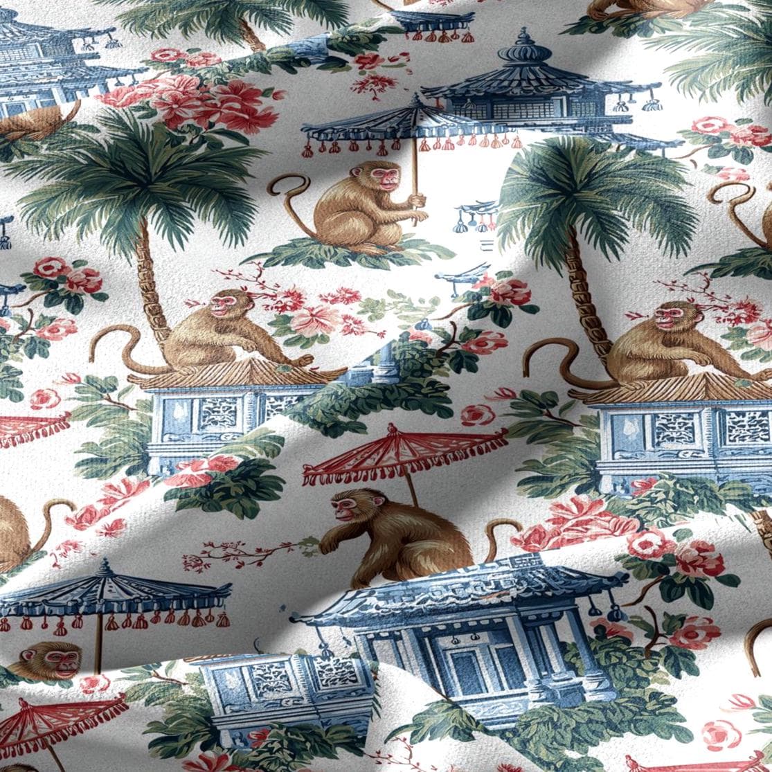 100% linen fabric Monkey with umbrella print - Vintage toile de jouy chinoiserie botanical  - Historical pagoda garden 3338