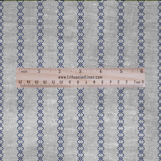 100% LINEN Fabric Striped geometric blue print - block print indigo on oatmeal linen for upholstery curtains dress making 2681