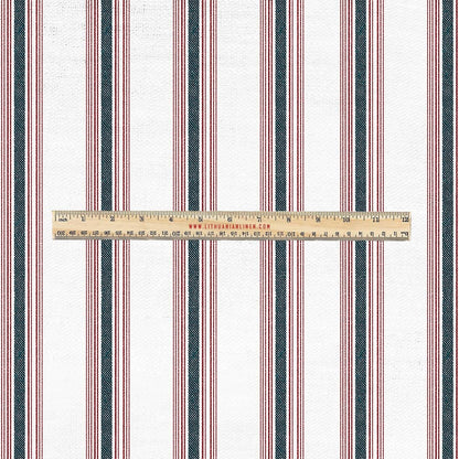 100% LINEN Fabric UPHOLSTERY 12oz - Belgian red ticking stripe on white linen - Modern vintage Grandmillenial upholstery 2969