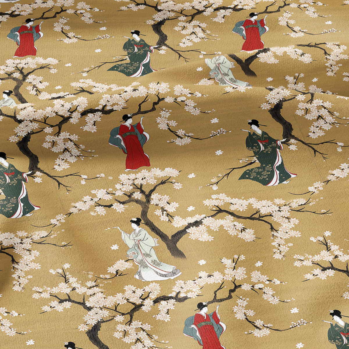 100% LINEN Fabric oriental print with geisha in cherry blossom -  botanical  heavy linen fabric for upholstery home decor 2770