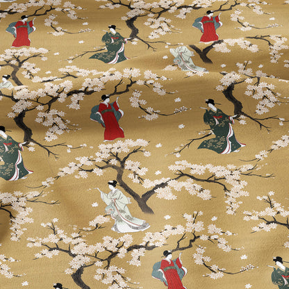 100% LINEN Fabric oriental print with geisha in cherry blossom -  botanical  heavy linen fabric for upholstery home decor 2770