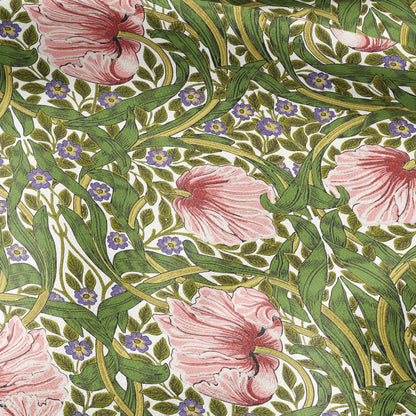 100% LINEN fabric - William Morris Pimpernel green pink - British Victorian Art Craft flax - sewing home decor or clothing 3847