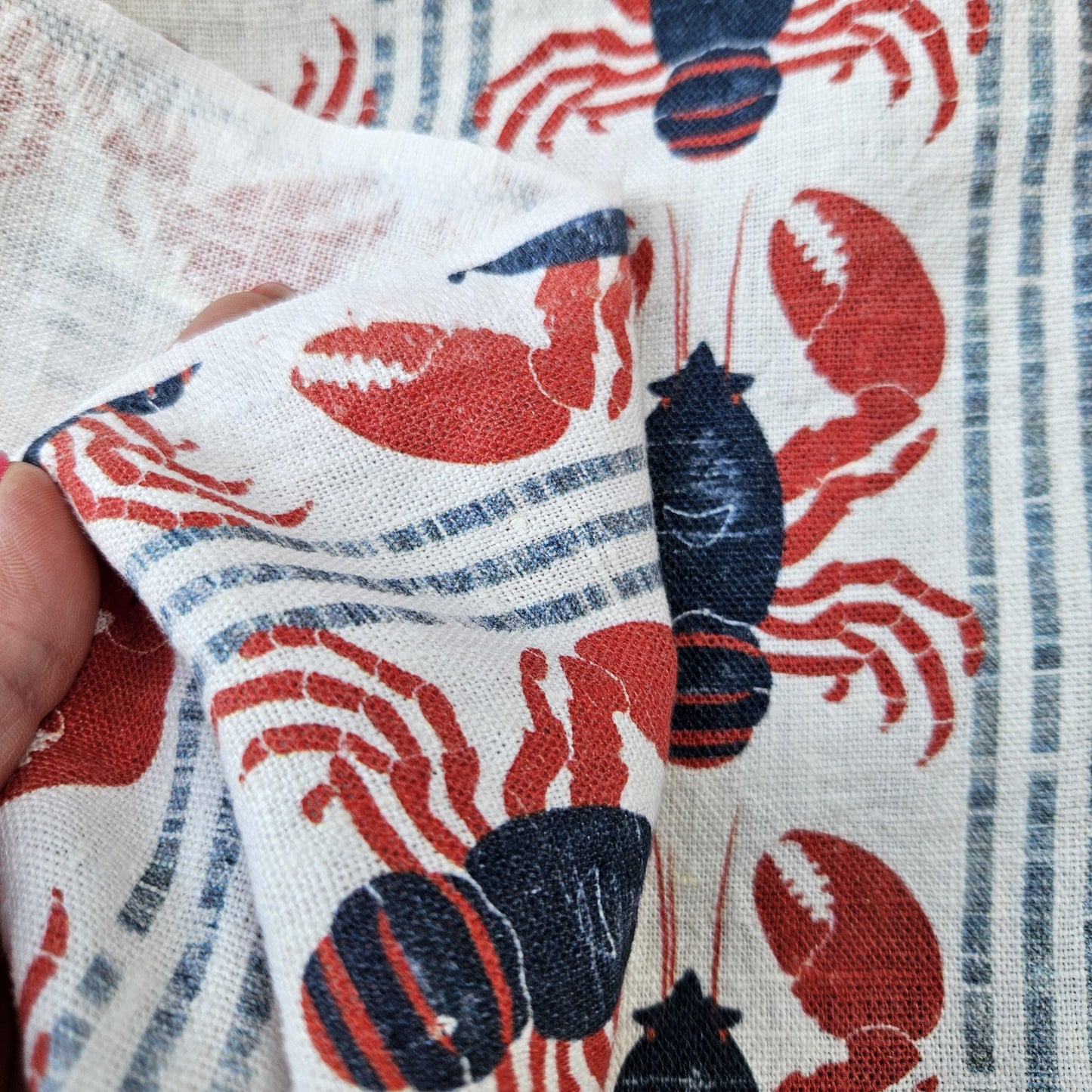 100% LINEN Fabric LOBSTER stripe print - linen fabric with  coastal print for upholstery home decor or medium for dress making 2535