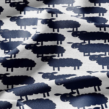 100% LINEN Fabric Block print  Sheep navy blue - animal upholstery home textile artisan fabrics green white 2361