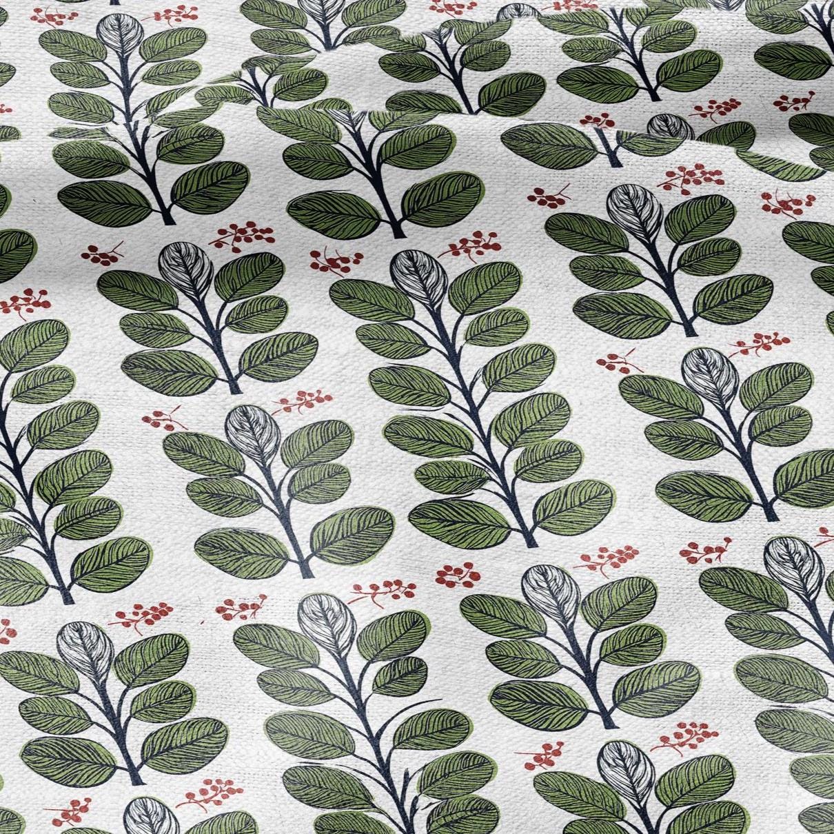 100% LINEN Fabric Swedish Valnot green leaves print - Walnut leaves botanical stripe upholstery home textile artisan green white 2749