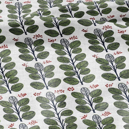 100% LINEN Fabric Swedish Valnot green leaves print - Walnut leaves botanical stripe upholstery home textile artisan green white 2749