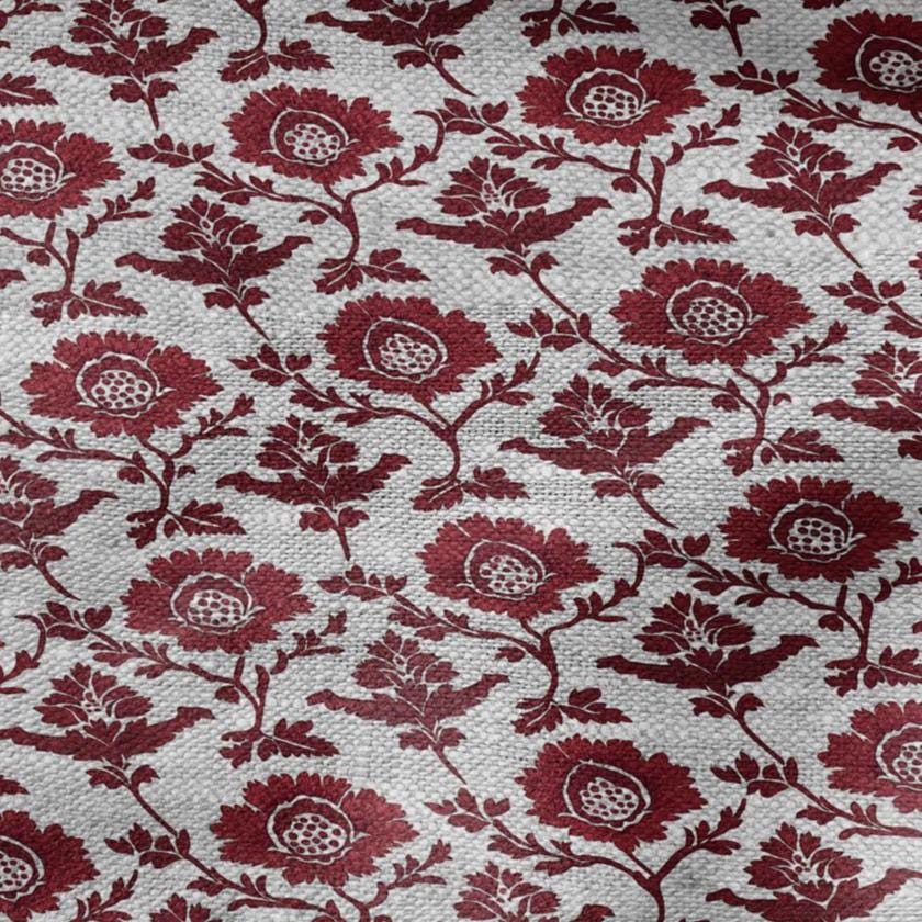 100% LINEN Fabric red flower print - floral red gray print on oatmeal linen for home decor sewing dress clothing 2198
