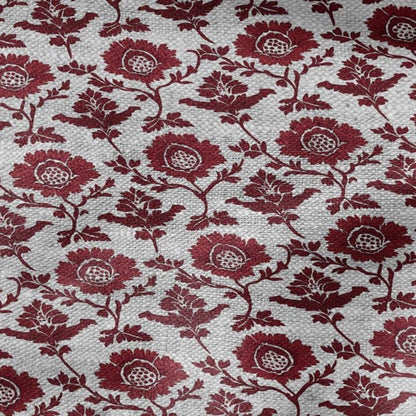 100% LINEN Fabric red flower print - floral red gray print on oatmeal linen for home decor sewing dress clothing 2198