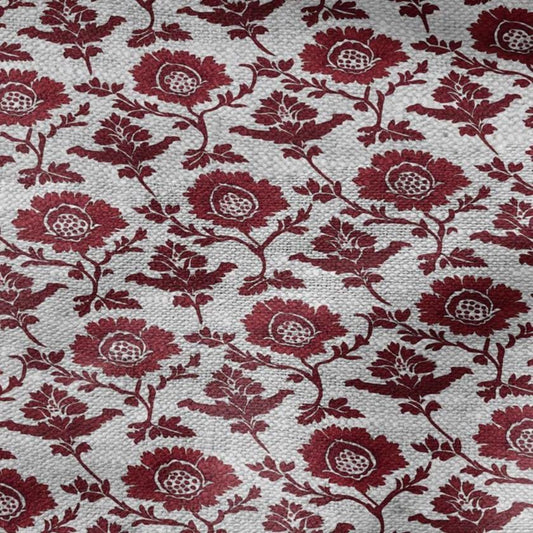 100% LINEN Fabric red flower print - floral red gray print on oatmeal linen for home decor sewing dress clothing 2198
