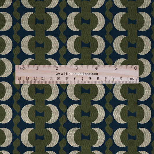 100% LINEN Fabric Geometric olive green navy print - mid-century modern on half moon oatmeal linen for upholstery curtains dress making 2662