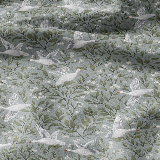 100% LINEN Fabric white goose print - animal linen fabric with bird print for upholstery home decor curtains pillowcases dress making 2973