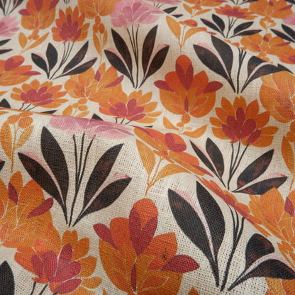 100% LINEN Fabric retro pattern on linen fabric - floral botanical orang  heavy linen fabric for upholstery home decor clothing