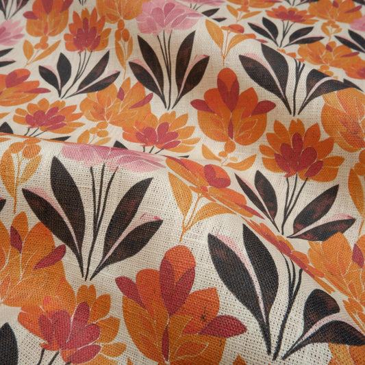 100% LINEN Fabric retro pattern on linen fabric - floral botanical orang  heavy linen fabric for upholstery home decor clothing