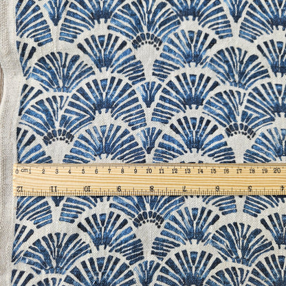 100% LINEN Fabric block print indigo blue white Japandi - Japanese fabric abstract fan print linen upholstery dressmaking sewing 2611