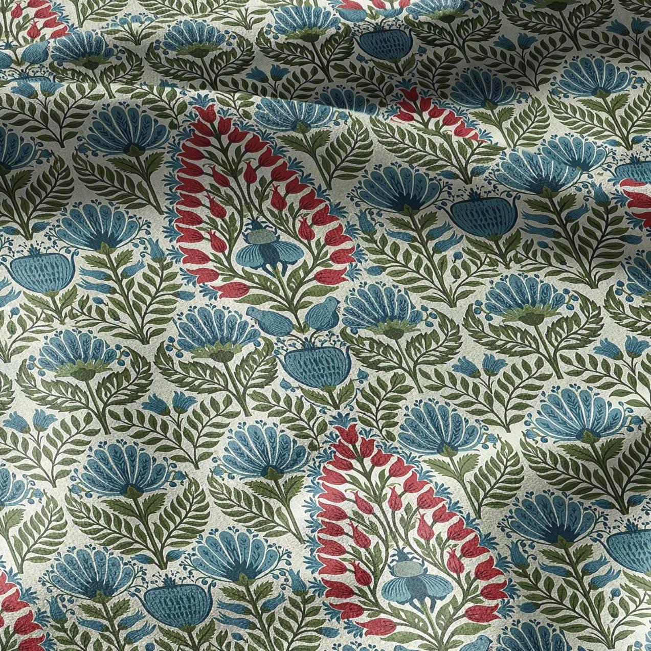100% linen fabric Paisley floral print - Vintage pink red green botanical  - modern vintage  3400