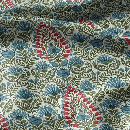 100% linen fabric Paisley floral print - Vintage pink red green botanical  - modern vintage  3400