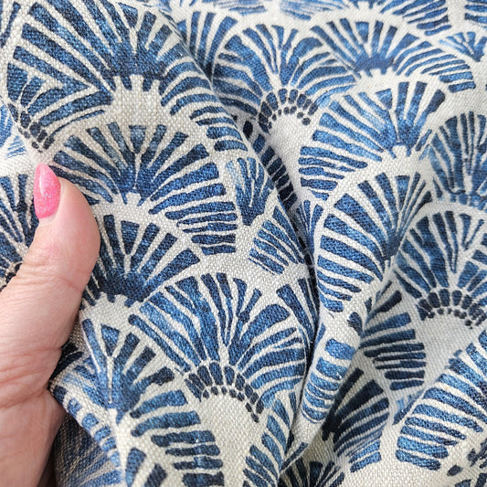 100% LINEN Fabric block print indigo blue white Japandi - Japanese fabric abstract fan print linen upholstery dressmaking sewing 2611