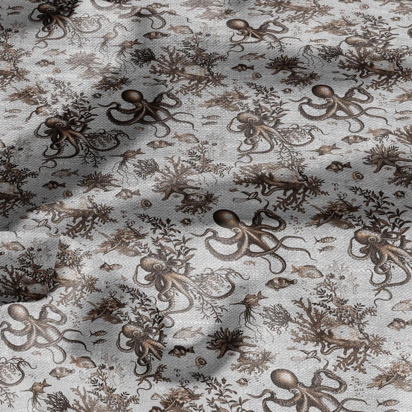 100% LINEN Fabric toile de jouy OCTOPUS Nautical print - sepia on oatmeal linen -  coastal print for upholstery home decor clothing 306S