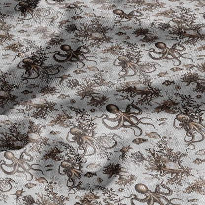 100% LINEN Fabric toile de jouy OCTOPUS Nautical print - sepia on oatmeal linen -  coastal print for upholstery home decor clothing 306S