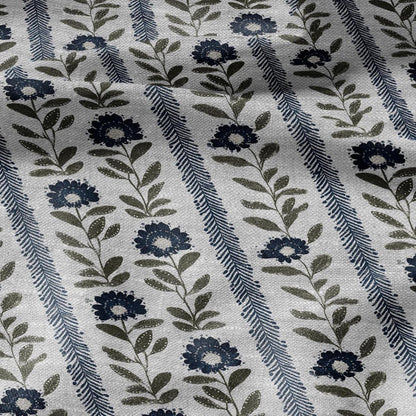100% LINEN Fabric Floral stripe blue green print - french botanical on oatmeal linen 3126