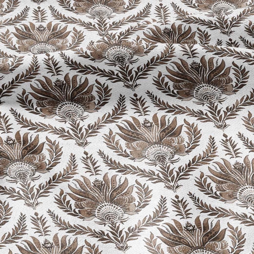 100% LINEN Fabric French block print sepia print - Walnut leaves botanical stripe upholstery home textile artisan brown white 3256