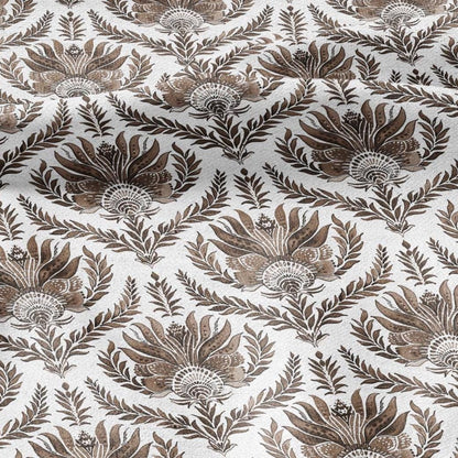 100% LINEN Fabric French block print sepia print - Walnut leaves botanical stripe upholstery home textile artisan brown white 3256