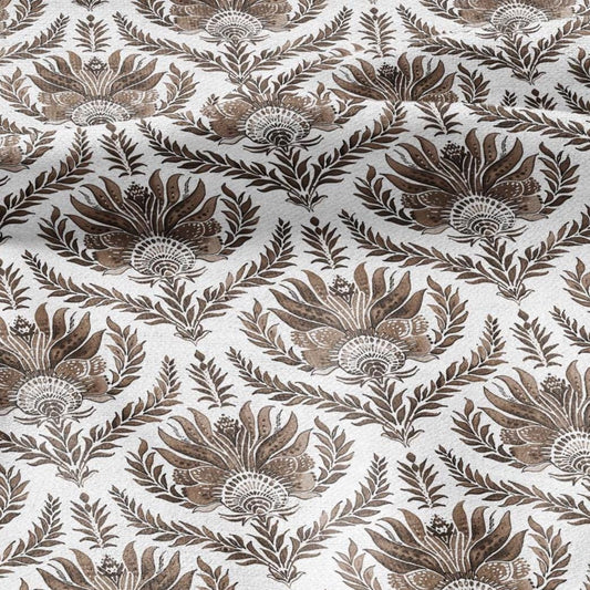 100% LINEN Fabric French block print sepia print - Walnut leaves botanical stripe upholstery home textile artisan brown white 3256