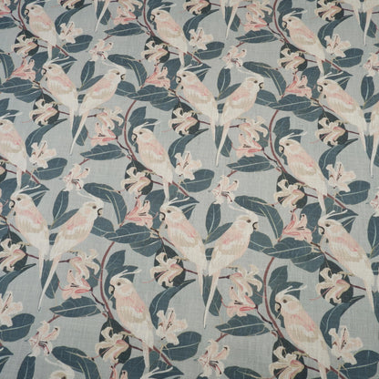 100% LINEN Fabric french blue block print on oatmeal natur linen, floral  fabric with parrot French linen botanical upholstery clothing