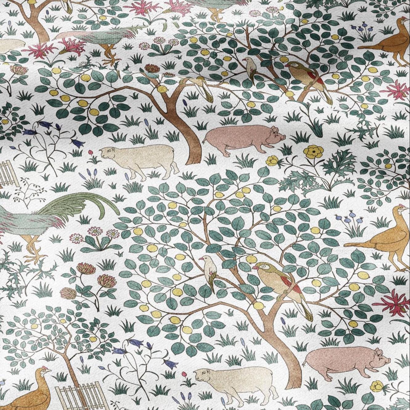 100% linen fabric - In my orchard by Voysey - rooster pig bird tree - Victorian Art crafts - Historical pattern home decor dress making 3005